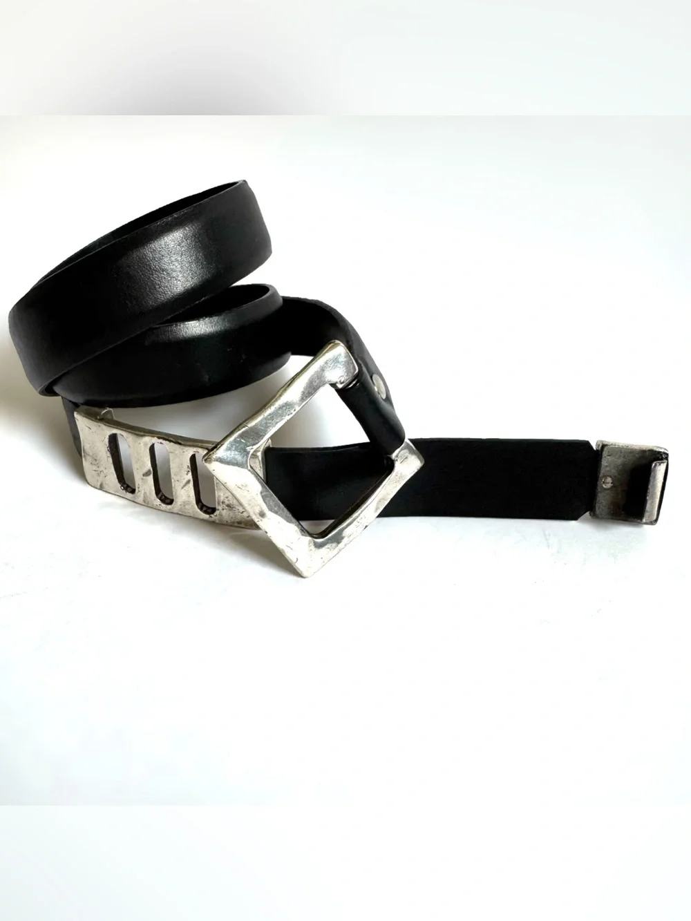 Vtg Sandy Duftler Black Leather Silver Tone Belt M Brutalist Modernist Buckle